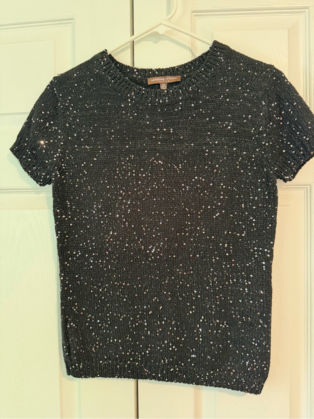Adrienne Vittadini Black Short-Sleeve Sequin Knit Top